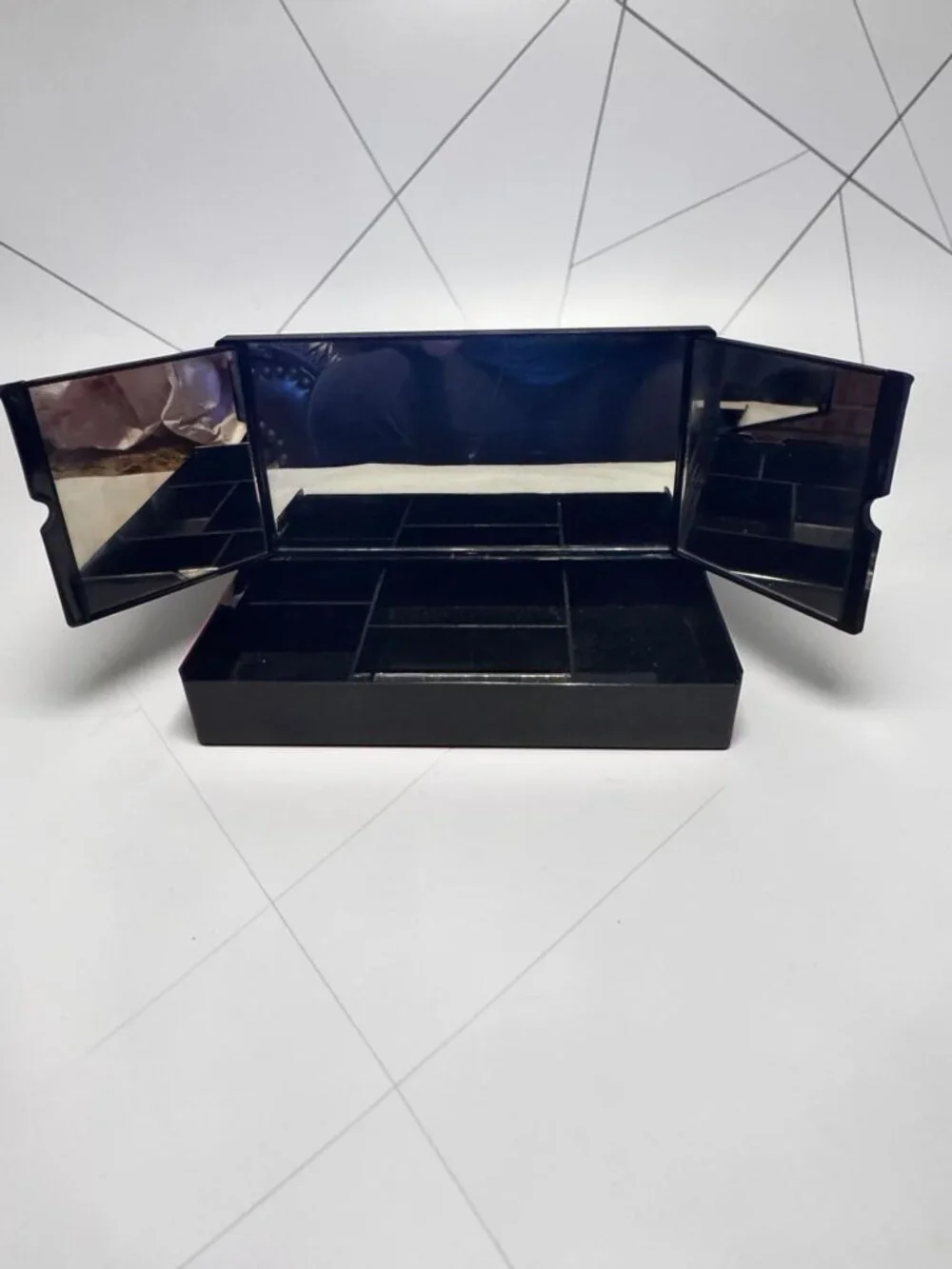 Vintage Black Faux Lacquer/Plastic Tri-Folding Mirror Jewelry or Trinket Box